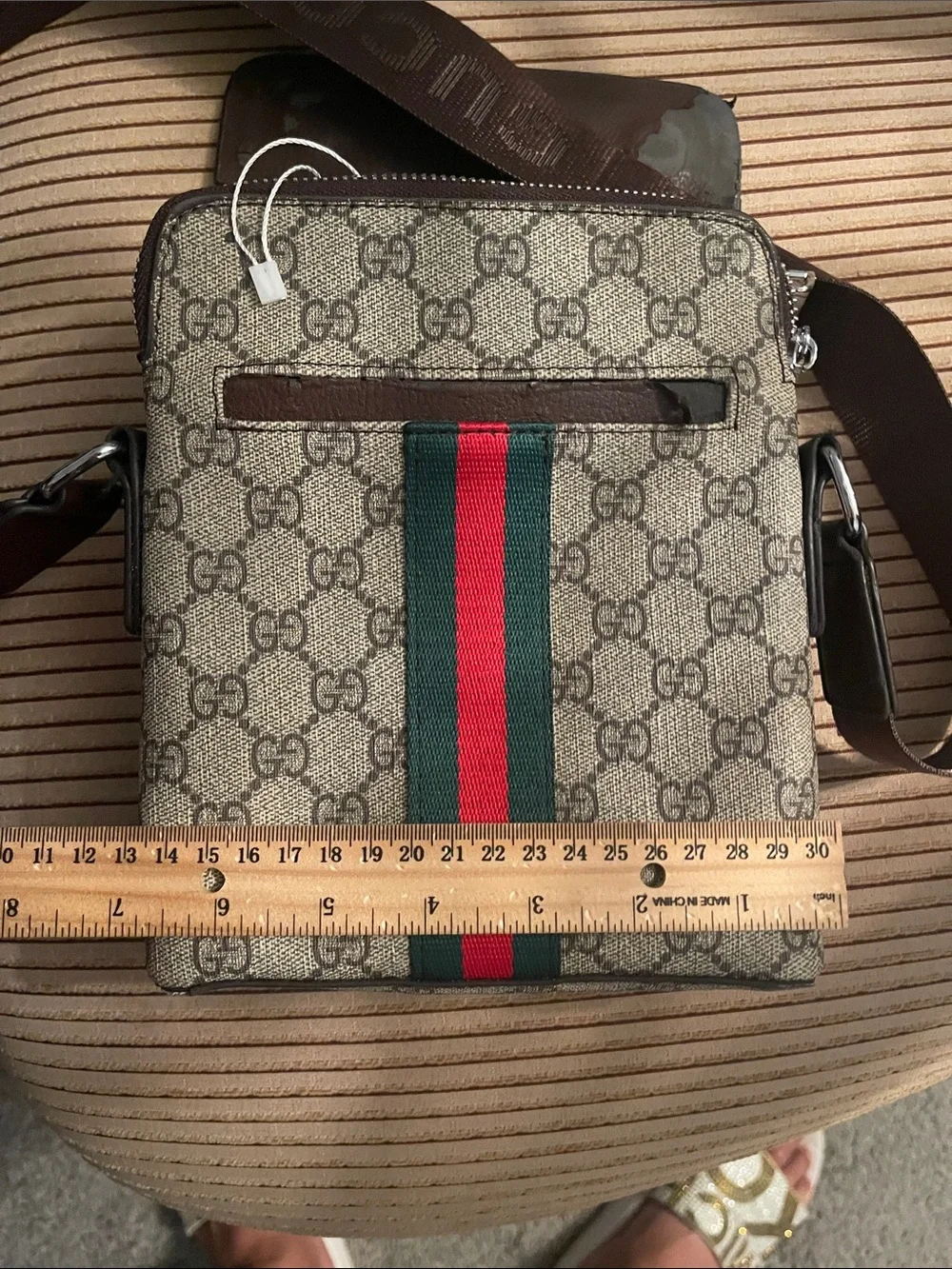 Gucci Brown GG Supreme Messenger Bag with Red-Blue Web Stripe